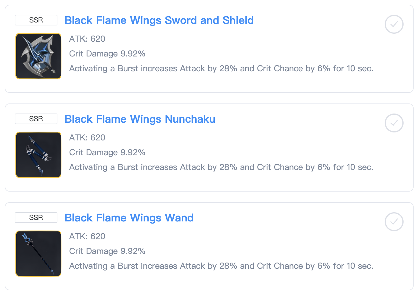 Seven Deadly Sins Origin SSR Black Flame Wings weapons list screenshot 2