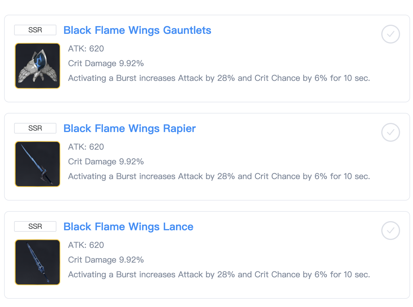 Seven Deadly Sins Origin SSR Black Flame Wings weapons list screenshot 3