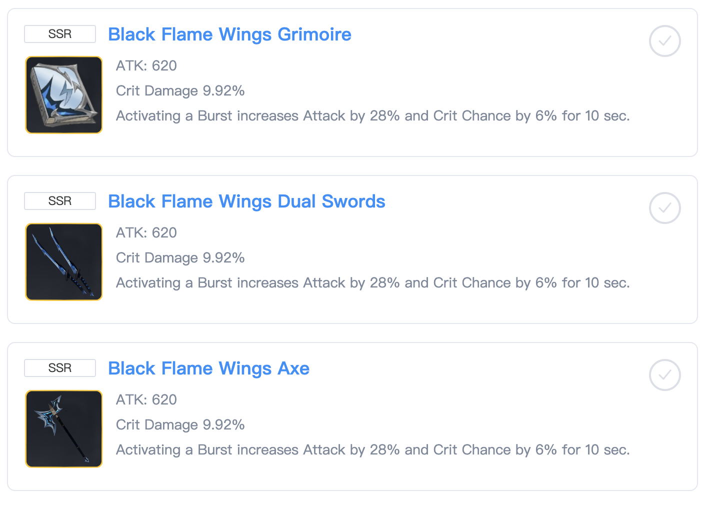 Seven Deadly Sins Origin SSR Black Flame Wings weapons list screenshot 4